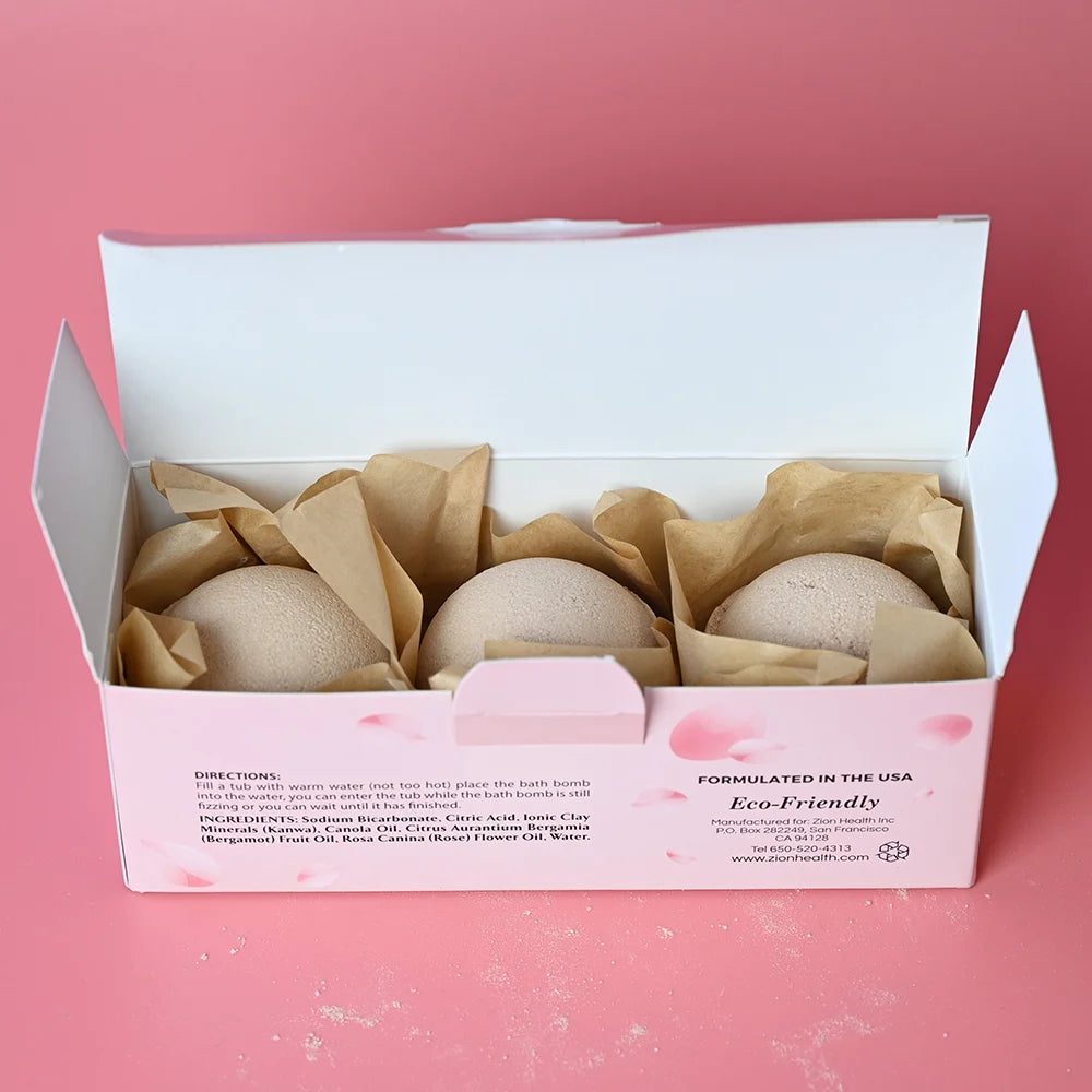Ancient Clay Hydrating Bath Bombs with Rose & Bergamot Oil - 3 Bath Bombs Per Box
