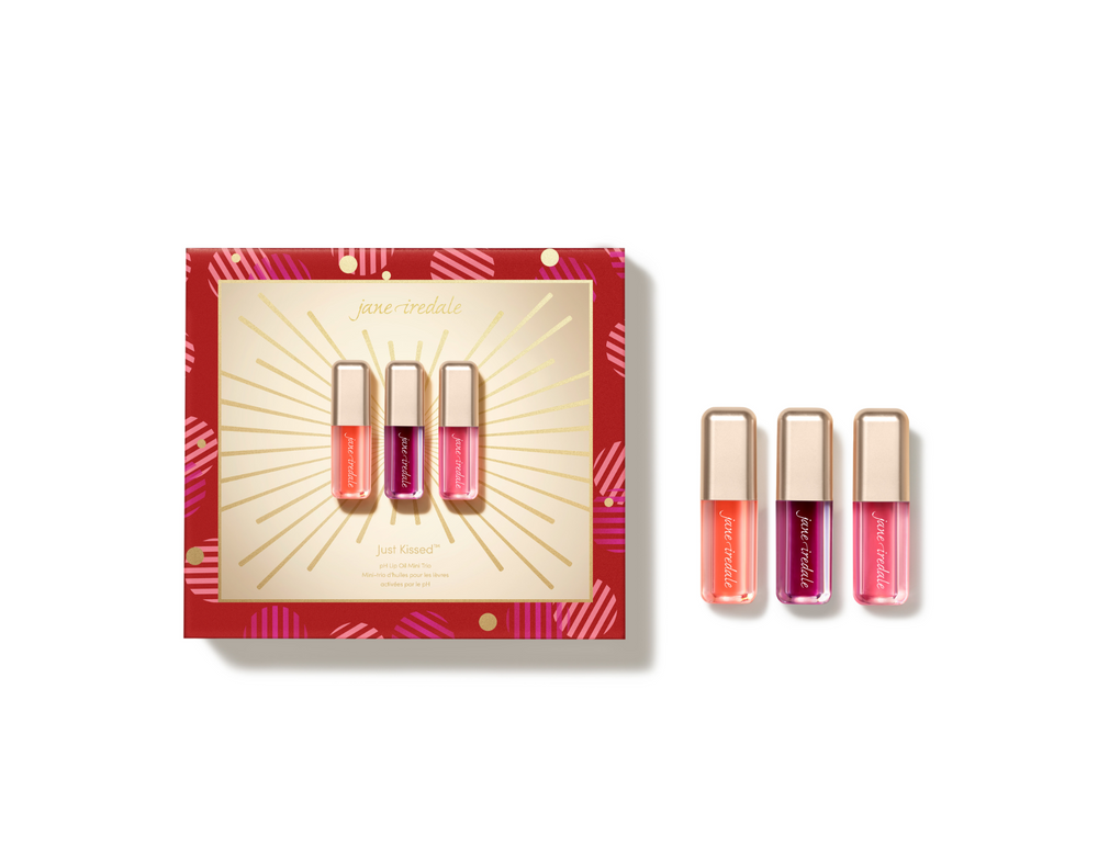 Jane Iredale Just Kissed pH Lip Oil Mini Trio holiday gift box with three mini lip oils in Blooming Peach, Berry and Pink
