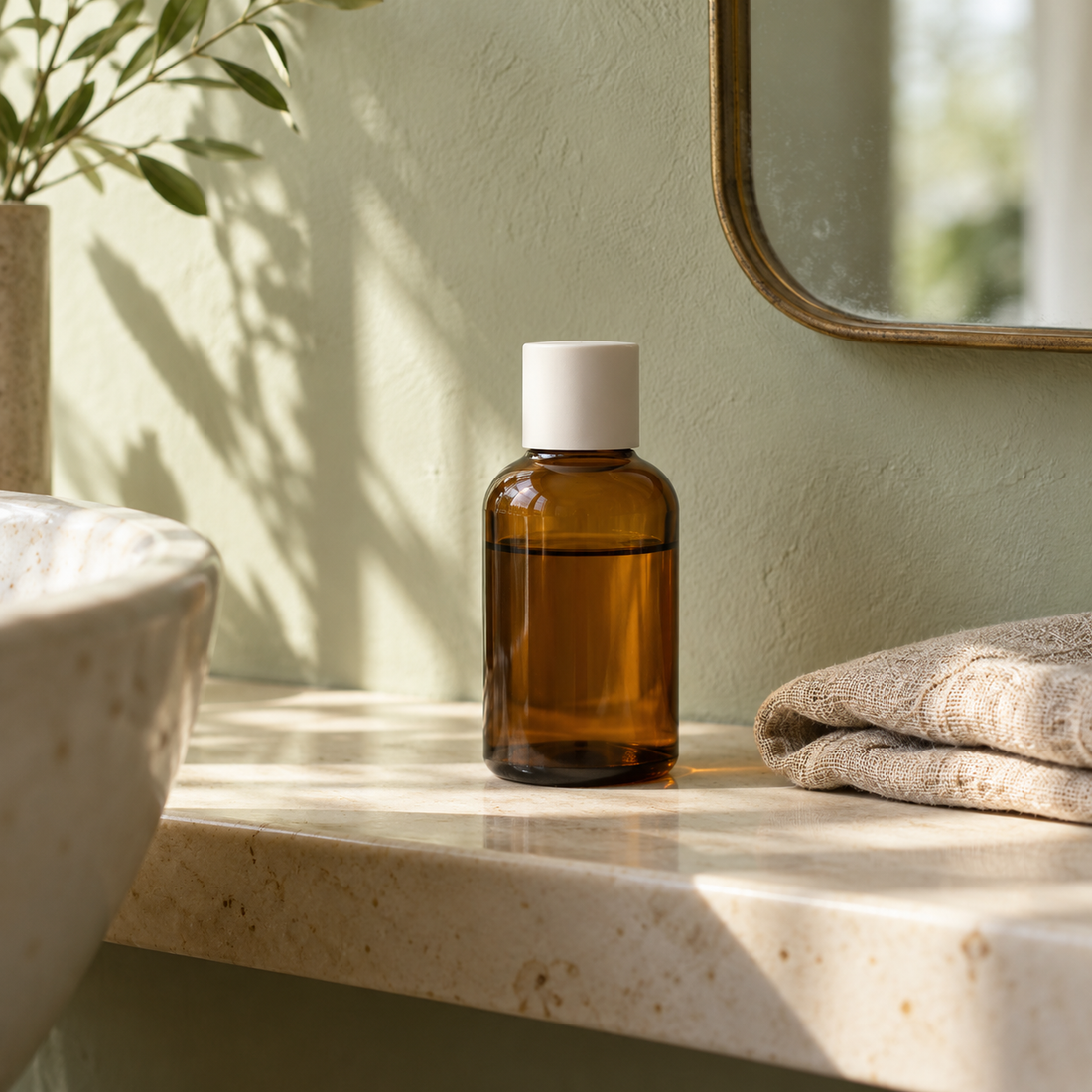 Unbranded amber skincare bottle on a sunlit ivory shelf with a linen cloth and mirror.