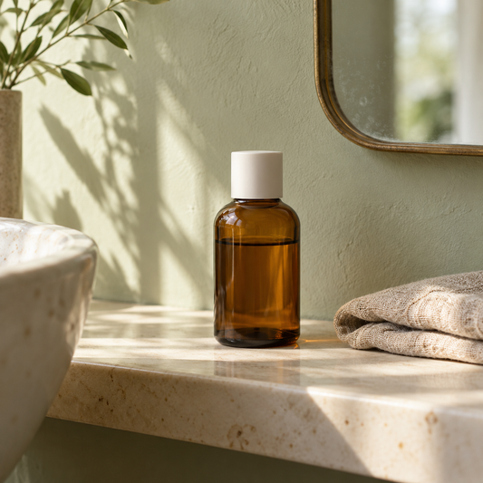 Unbranded amber skincare bottle on a sunlit ivory shelf with a linen cloth and mirror.