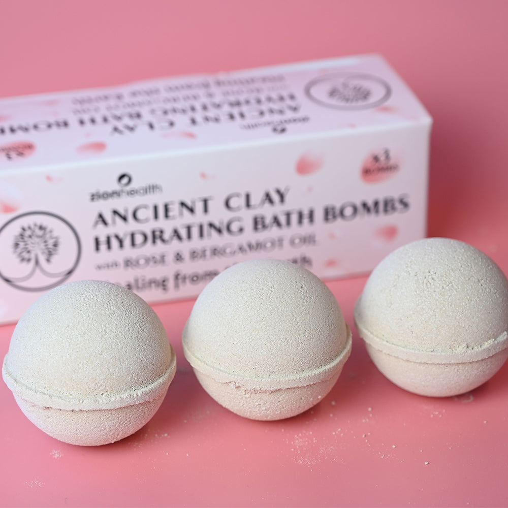 Ancient Clay Hydrating Bath Bombs with Rose & Bergamot Oil - 3 Bath Bombs Per Box