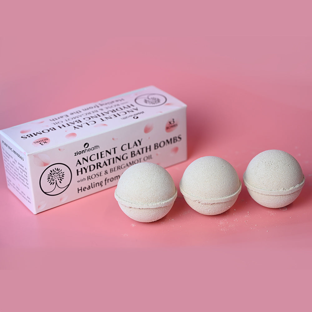 Ancient Clay Hydrating Bath Bombs with Rose & Bergamot Oil - 3 Bath Bombs Per Box
