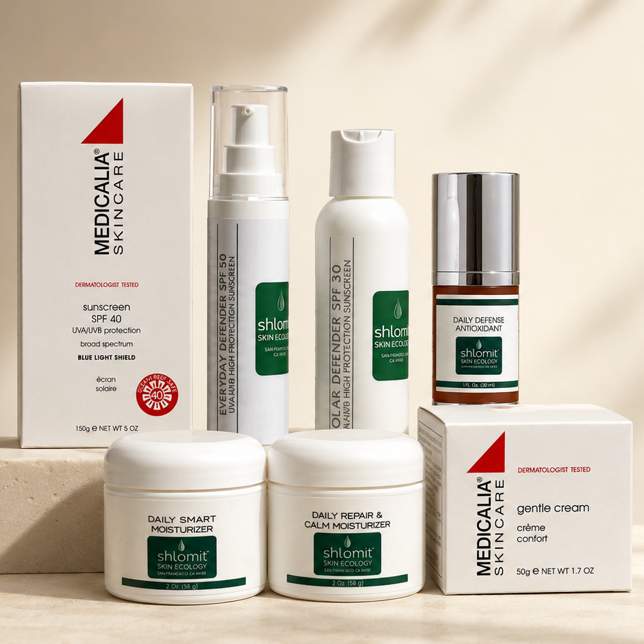 Collection of skincare products on a neutral background