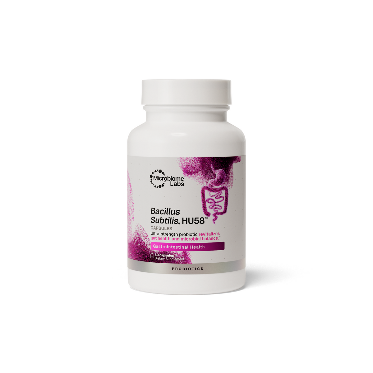 Microbiome Labs Bacillus subtilis HU58 60 capsules, new packaging front label