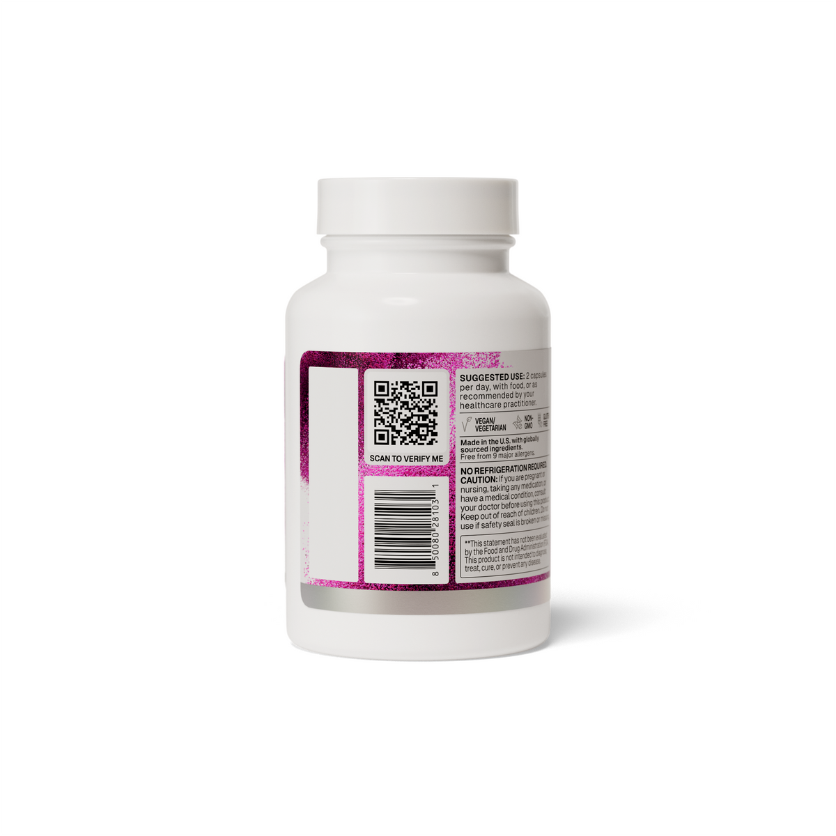 Microbiome Labs HU58 new packaging back label, QR verification and suggested use
