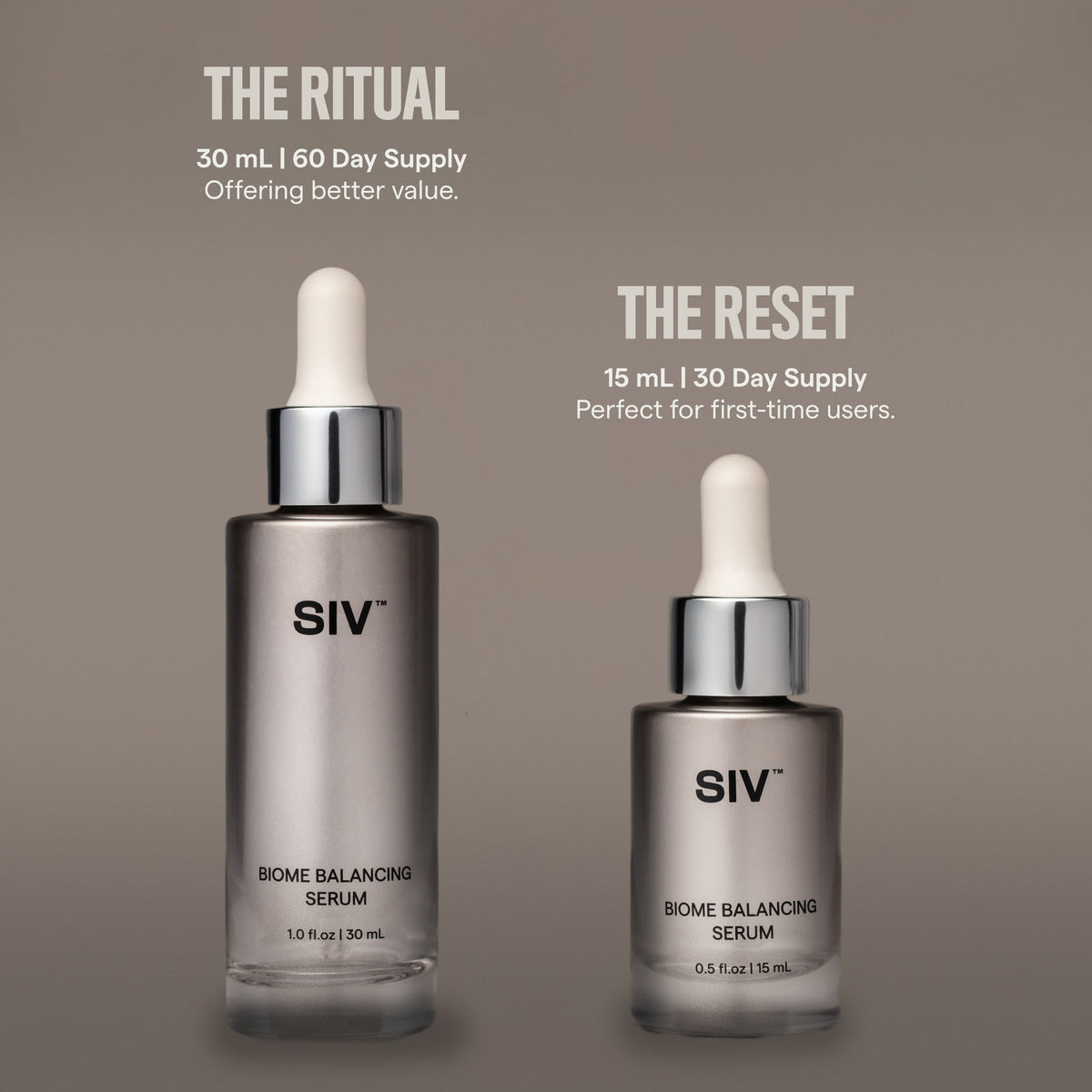 SIV Biome Balancing Serum 15 mL and 30 mL size comparison
