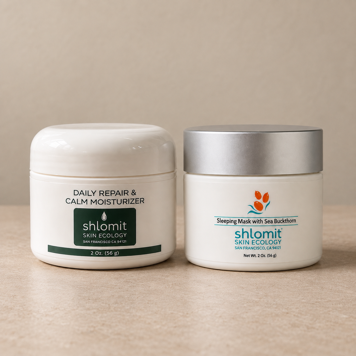 Daily Repair & Calm Moisturizer and Sleeping Mask with Sea Buckthorn together; two 2 oz Shlomit Skin Ecology jars