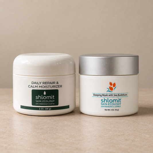 Daily Repair & Calm Moisturizer and Sleeping Mask with Sea Buckthorn together; two 2 oz Shlomit Skin Ecology jars